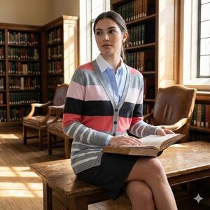 MARC CAIN Linen Button Front Cardigan Stripe Long Sleeve Vee Neck US Sz S